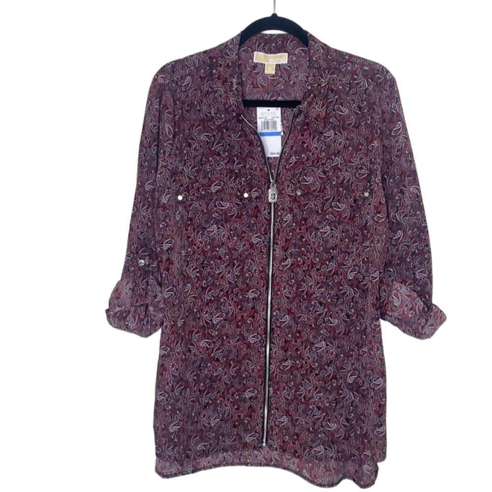 Michael Kors Royal Pink Paisley Zip Up Tap Sleeves Front Pockets High/Low Hem XL - Picture 2 of 8